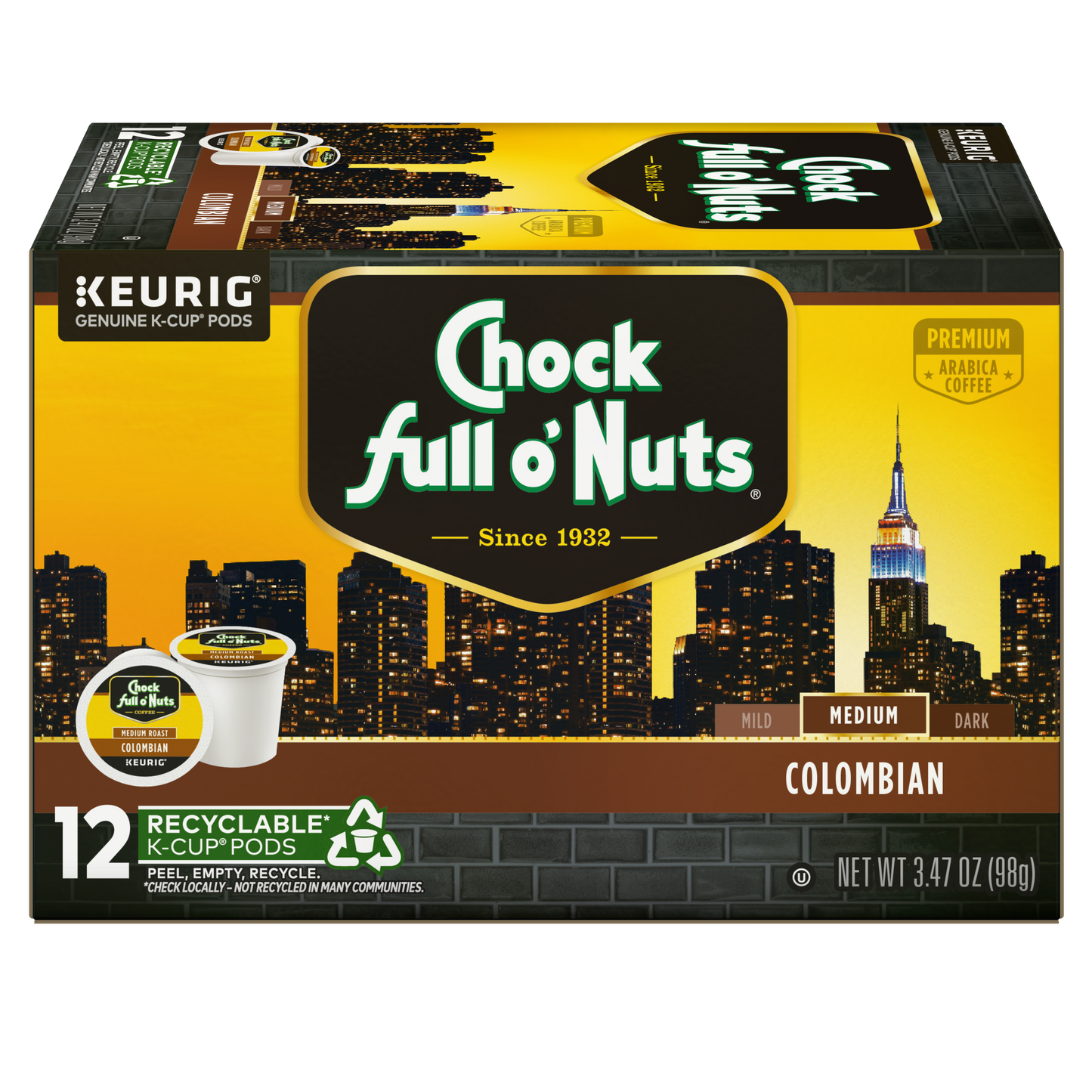 Chock full o’Nuts Keurig K-Cup Pods - Colombian - Medium Roast - Premium Arabica